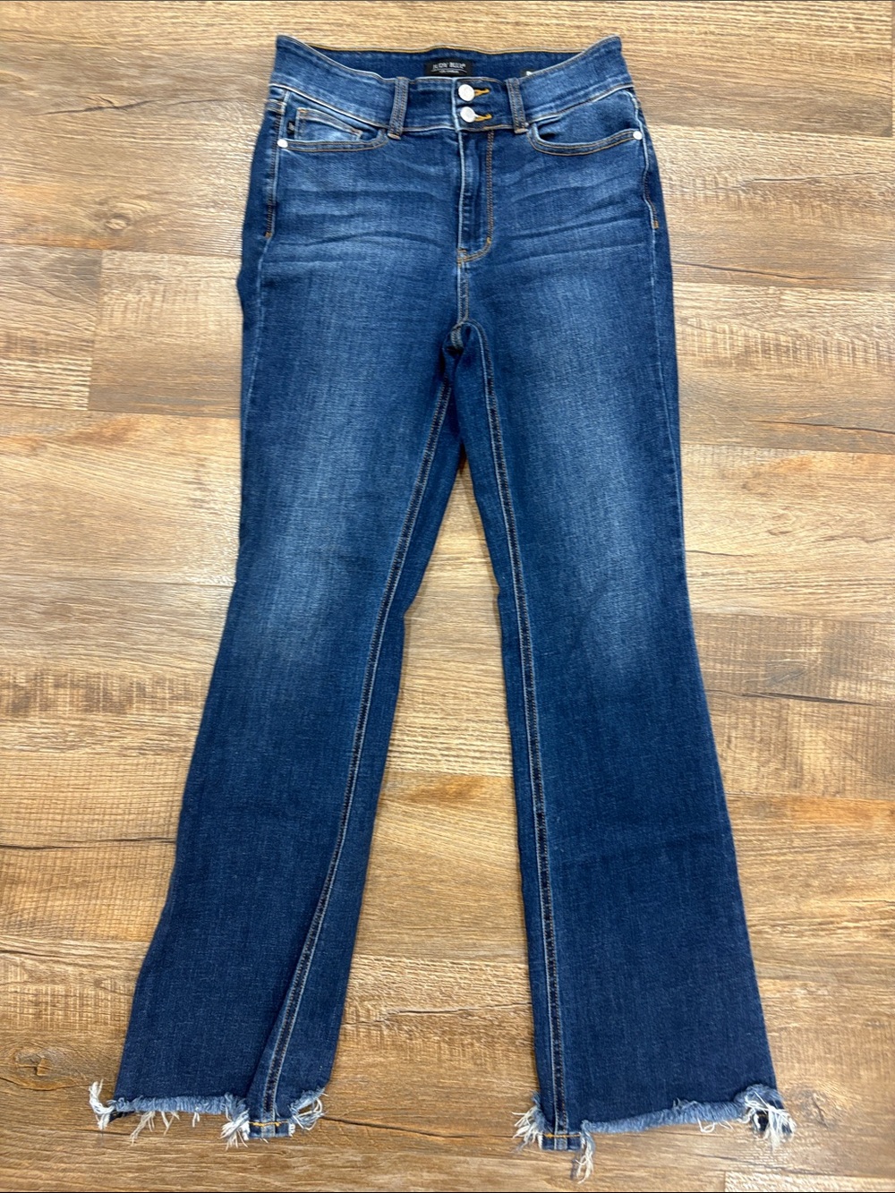 Judy Blue Medium-Dark Blue High-Rise Boot Cut Jeans with Raw Fringe Hem